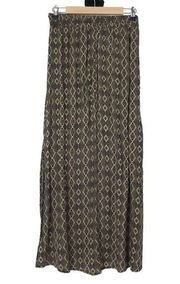 BLACK TAN AZTEC ELASTIC WAISTBAND MAXI SKIRT SIDE SLITS WOMENS SIZE M