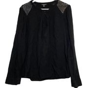 Ella Moss Blouse Long Sleeve Perforated Floral Shoulders Black Large