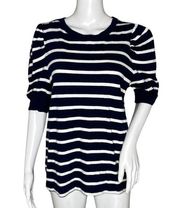 Loft Sweater Womens Medium Navy Blue White Stripe Puff Sleeve Nautical Preppy