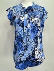 NEW Adrienne Vittadini Mixed Blue Flutter Sleeve Ruffle Blouse Size Small