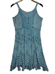 Shoreline Free Size Blue Rayon Sundress Stonewash Look Dress Tie Back Fairy OS