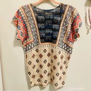 GingerG Multicolor Aztec/Elephant Knit Top with Cap Sleeves EUC Small (B007)