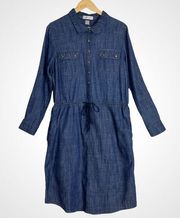Christopher &‎ Banks Denim Dress Cotton Button Front Drawstring Waist Size 14