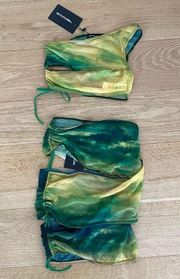 Pretty Little Thing Abstract Ombré Burnout Ruched Side Beach Skirt set in Green