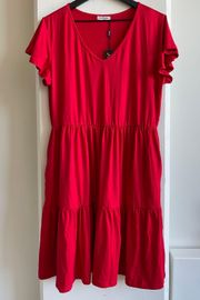 HOTOUCH Tiered V-Neck Ruffle Cap Sleeve Mini Dress with Pockets in Red Size L