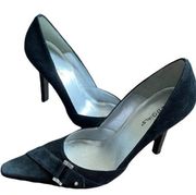 BCBGIRL PUMPS CLASSIC CHIC BLACK SUEDE POINTY TOE SLIP ON HEELS SILVER BUCKLE 39