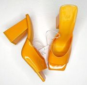 H&M Square Toe Chunky Heel Patent Mules Sandals in Yellow Orange Size 7 NEW
