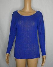 Feel the Piece Semi Sheer Knit Boat Neck Top Long Sleeve Side Slits Blue OneSize