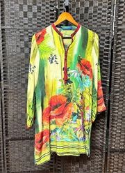 Crescent silk colorful tunic size small red floral long sleeved blouse