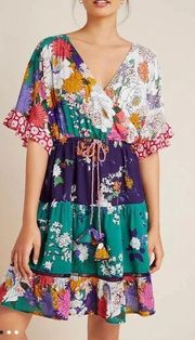 Nettie Tiered Floral Surplice Neck Bohemian Ruffle Mini DressLarge