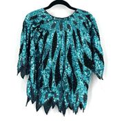 Iris Women's Sequined Beaded Crew Neck Top Blouse Teal & Black Large Cocktail