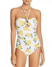 Kate Spade White Yellow Lemon Print Halter One Piece Swim Suit, S NWOT