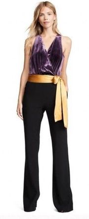 Ramy Brook Nina Jumpsuit Purple Velvet Black Yellow Sash Size US 2