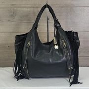 Lucky Brand Black Leather Fringe Hobo Shoulder Bag Tote Handbag