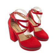 *Free People Red Suede Chonky Platform Strappy Heels Womens Size 38 Dress Shoes