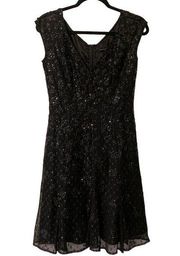 Carmen Marc Valvo Women’s Vintage V-Neck Black Sequin A-Line Midi Dress Size 10