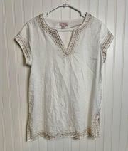 St Tropez 100% Linen White Short Sleeve Top Rose Gold Embroidery Size Medium