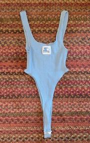 BLUE THONG RIBBED STARTER HIGH CUT BODYSUIT ONE PIECE