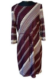 Studio One New York Ombre Maroon Long Sleeve Crochet Belted Dress Midi Size 14