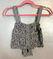 Black White Gingham Smocked Button Sleeveless Crop Top with Scrunchy