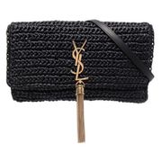 Saint Laurent Kate 99 Woven Raffia Shoulder Bag w/ Tassel Black w/ Gold Hardware