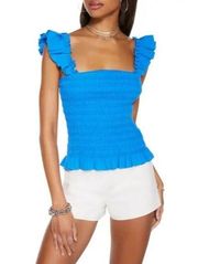 Blue Riley Smocked Ruffle Square Neck Fitted Preppy Summer Top M