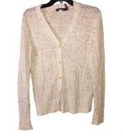 Breckenridge Wool Silk Button Front V Neck Cardigan Heather Sweater Tan Beige M