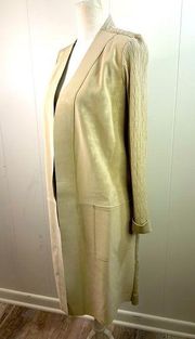 Nic +Zoe faux leather and knit knee length blazer in tan. Women’s size small.