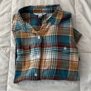 Old Navy NWOT  Cream and Green Plaid Long Sleeve Button Down Flannel Shirt