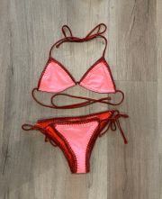 Pink And Red Crochet Bikini Set