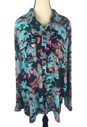 Boutique Women Multi-Color Button Up Long Sleeve Blouse W/ Front Pockets Size:1X