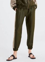 ZARA Jogger Track Pants Army Green Metallic Gold Shiny Textured Size Small NWT