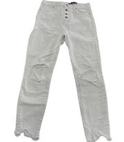 Bershka Jeans Womens 6 White Denim Button High Rise Raw Hem Skinny Cotton ASOS