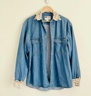 Vintage Jean and Lace Shacket Denim Shirt Jacket Boho 90s Unique Shabby Chic Chambray Shirt 
