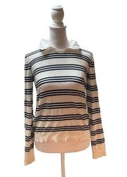 White with Navy Blue Stripes Long Sleeve Sweater with White Collar Size XS