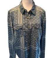 Light Blue Soft Denim with White Print Long Sleeve Button Down