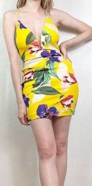 Privy Yellow Tropical Floral Strappy Bodycon Dress