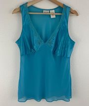 Vintage Blue Satin V Neck Lace Flowy Sheer Lingerie Slip Tank Top