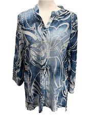 NEW Cativa Azure Blue Sheer Textured Floral Flowy Tunic Size Medium