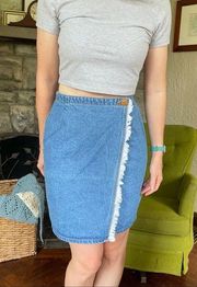 Vintage Gitano Wrap Denim Skirt with Fringe Edge