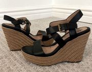 Sofft Black Leather Criss Cross Wraparound Woven Wedge Sandals