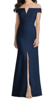 NWT Dessy Collection Midnight Navy Off The Shoulder Notch Trumpet Gown Size 12