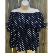 EUC Very J Off-The-Shoulder Top, Navy blue/white polka Dots, Ruffle Detail,Small