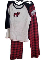 Lazy One Women's Size L-XL Pajama Set Red Buffalo Plaid Moose 100% Cotton