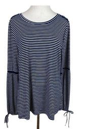 Fred David Top Womens XL Navy Striped Crochet Lace Long‎ Tie Sleeve Scoop Neck