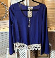 NWT YA Los Angeles Blouse With Lace Blue and White Silk Blend