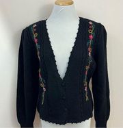 Susan Bristol Vintage Black Wool Sweater Granny Core Embroidered Floral M