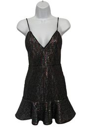 X BY NBD Sequin Mini Cocktail Dress Size XS Black Irridescent Flounce Revolve