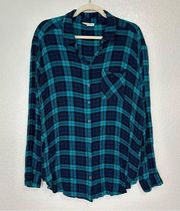 Jane and Delancey Blue Green Plaid Gauzy Button Down Shirt