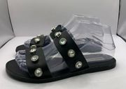 Steve Madden Sandals JESSY Jeweled Leather Slide Flats Black Shoes 6.5